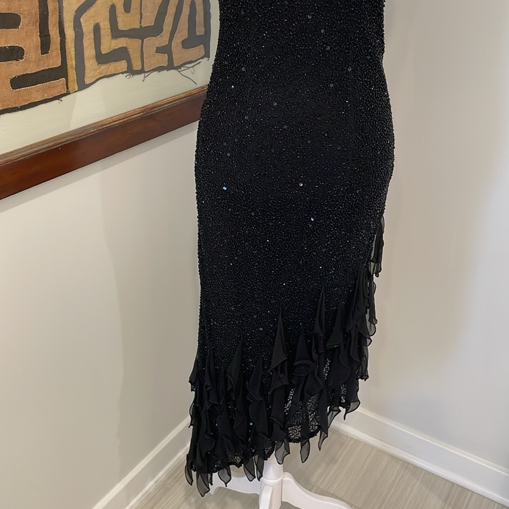White House Black Market Black Beaded 100% Silk Asymmetrical Cocktail Dress - Picture 3 of 11